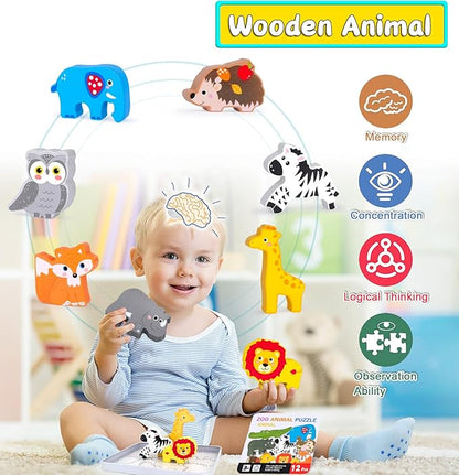 Wooden Animal Puzzles Toys for Toddlers,12PC Safari Animal Figures,Animal Matching Sorting Stacking Toys for Boys Child Girls,Educational Learning Toys Gift for Kids (Safari)
