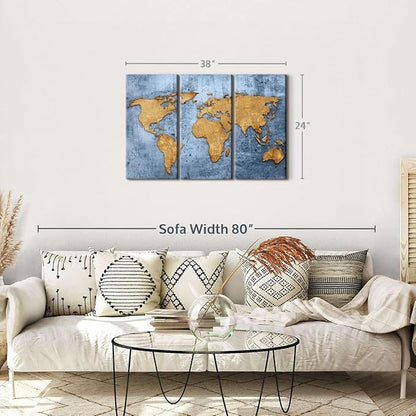 ElephantStock Azure World Map Wall Art Multi Piece Canvas - 3 Panel Wall Decor - Map of the World Art - Canvas for the Office and Home - 38" X 24"
