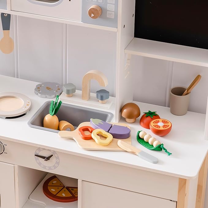 ROBOTIME Wooden Play Food Cutting Vegetable Set, Pretend Play Toy Food for Play Kitchen with Shopping Bag – Kids Kitchen Accessories, Wooden Veggie Toys for Boys & Girls