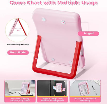 Chore Chart for Kids, Visual Schedule for Kids with Autism, Chart Board with 12 Reusable Sheets, Routine Chart Dry Erase Board for Kids, Magnetic Chore Chart for Fridge, Desk, Home - Pink