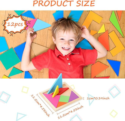 Meooeck 12 Pack Tangrams Wooden Puzzles Tangrams Classroom Set for Kids Shape Puzzles Brain Logic Blocks for Games Educational Gifts for Adults Kids Ages 4-8 8-12(Classic Style)
