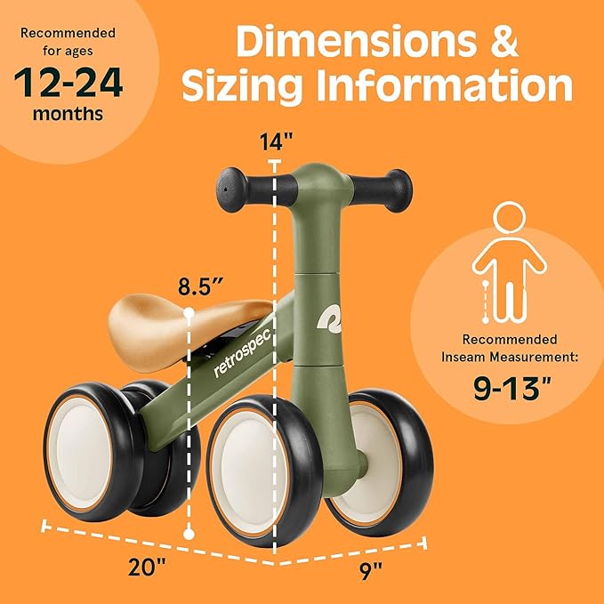 Retrospec Cricket 2 Baby Walker Balance Bike with 4 Wheels - Safe Learning Toy for Ages 12-24 Months - Scratch-Resistant Indoor Outdoor Toddler Riding Toy with Steering Limit & Soft Grips