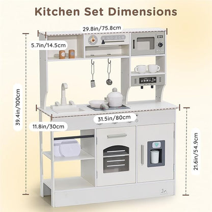SainSmart Jr. Play Kitchen for Kids, Wooden Kitchen Playset with Lights & Sounds, Ice Maker, Oven & Sink, Trendy Home Style Toy Kitchen, Gift for 3+ Years