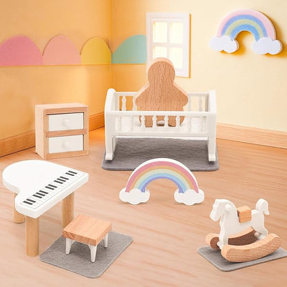 Wooden Dollhouse Furniture Set Elegant Kid’s Room & Bathroom Doll House Accessories, Premium Wood Toys for 3-6 Year Olds, Dollhouse Decor Set for Girls & Boys Birthday Christmas