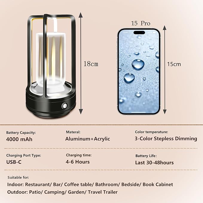Portable Metal Table Lamp, 4000 mAh Rechargeable Outdoor Table Lamp, 3 Color Stepless Dimmable Cordless Lamp for Patio/ Camping/ Bar /Coffee Shop /Camping/ Indoor/Outdoor(Black)