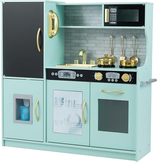 HONEY JOY Kids Kitchen Playset, Wooden Little Chef Pretend Toy Kitchen Set w/Chalkboard, Telephone, Utensils, Oven, Microwave, Sink, Storage, Play Kitchen for Toddlers Boys Girls, Green