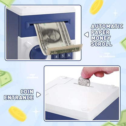 Piggy Bank for Girls Boys Large Electronic Money Coin Banks with Password Protection, Automatic Paper Money Scroll Saving Box, Great Gift for Kids(Blue-White)