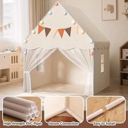 EagleStone Kids Play Tent with Star Light and Padded Mat, Playhouse for Kids, Neutral Color Play Room Furniture, Indoor Bed Tent Gift Toys for Toddle 3,4,5,6-Year-Old Girls,Boys, Girls,