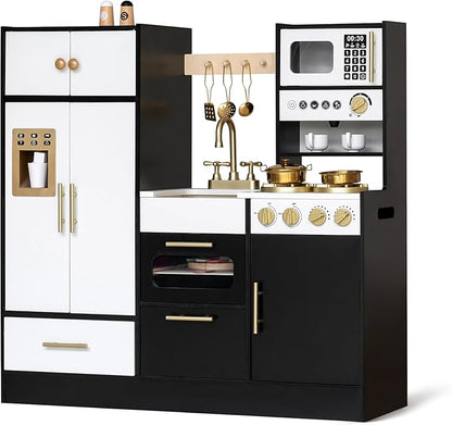 Interactive Wooden Play Kitchen for Kids 3+ Realistic Stove Sounds & Ice Maker Pretend Playset with 12 Kitchen Accessories Montessori Toy