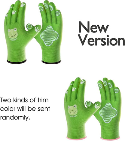 COOLJOB Small Toddler Gardening Gloves for Little Boys Girls Ages 2-4, Breathable Kids Work Gloves with Grippy Animal Paw Dots for Children Yard Landscape, Green Frog, 1 Pair