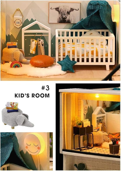 CUTEROOM DIY Miniature Dollhouse Kit with Furniture,Wooden Doll House with Music Movement & LED Lights, DIY House Kit Christmas Birthday Gifts - Comfortable Life