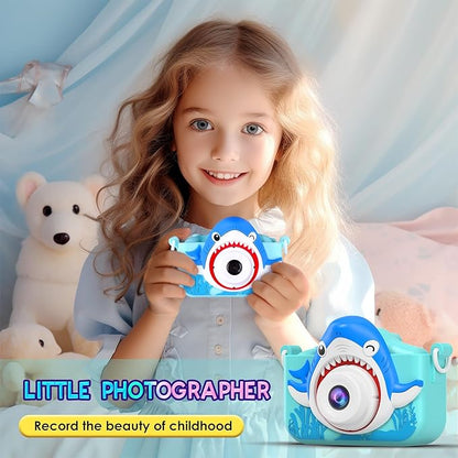 Shark Camera for Kids with Cartoon Silicone Cover, Digital Mini Camera Toys for 3 4 5 6 7 8 9 10 11 12 Year Old Boys Girls Birthday Chirstmas Gifts Ideas - Personal Video Players (Shark Blue)