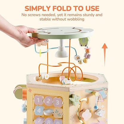 ROBOTIME Wooden Activity Cube for Toddlers, 13 in 1 Montessori Baby Activity Cube, Baby Play Cube Toy with Educational Features, Gift Wooden Cube Toy for Boys & Girls - 1 Year +