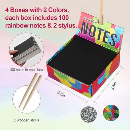 Mocoosy 400 Sheets Holographic Scratch Art Mini Notes for Kids, Glitter Rainbow Scratch Off Paper Arts Crafts Magic Scratch Note Cards Party Favor Supplies Goody Bag Stuffers Gift Box for Girls Boys