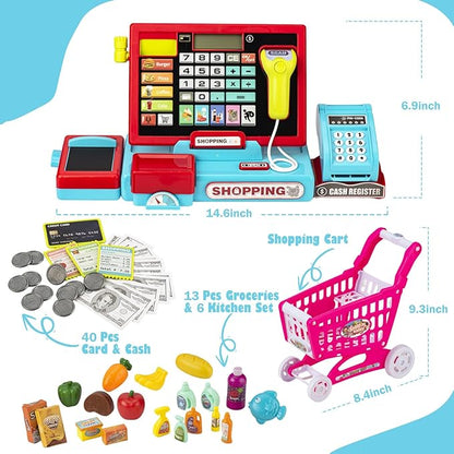 Cash Register for Kids Real Calculator Kids Cash Register with Scanner Toy for 3 4 5 6 7 8 Year Old Boy Pretend Play Store with Music / Food / Shopping Cart Learning Toys Gifts for Boys Ages 4-8