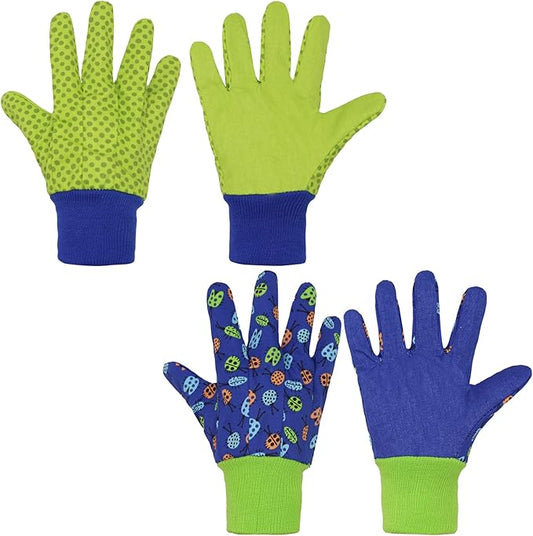 HANDLANDY 2 Pairs Kids Gardening Gloves, Girls Boys Children Garden Work Play Gloves (Green Ladybug & Dot, Medium)