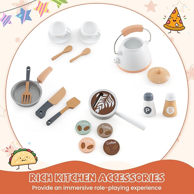 HONEY JOY Corner Play Kitchen, Toddler Wooden Toy Kitchen Set w/Lights, Coffee Maker, Microwave, Sink, Faucet, Little Chef Pretend Play Kids Kitchen Playset for Boys Girls (White)