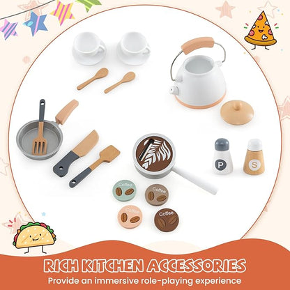 HONEY JOY Corner Play Kitchen, Toddler Wooden Toy Kitchen Set w/Lights, Coffee Maker, Microwave, Sink, Faucet, Little Chef Pretend Play Kids Kitchen Playset for Boys Girls (White)
