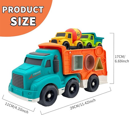 3 Pcs Toddler Car Toys for 1-3 Years Old, Construction Vehicle Toys Carrier Tuck Set Includes Dump Truck, Mixer Cement, Shape Sorter, No BPA, Phthalates, PVC, Christmas Birthday Gifts for Kids