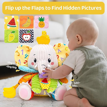 Baby Toys 3-6 Months, Musical Stuffed Elephant Toddler Toy for Newborn Infant 3 6 9 12 Months, Tummy Time Toys Montessori Sensory Toys 0-6 6-12 Months, Crinkle Paper, Mirror Soothing Music Shower Gift