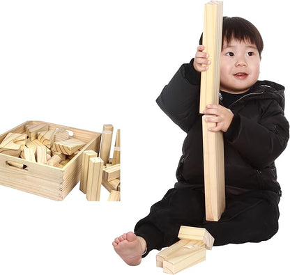 Standard Unit Building Blocks for Toddlers with Storage Tray (64 Pcs) Sanded Wood Blocks for Children, Original STEAM, and STEM Learning, Classic Wooden Toys for Kids Parties and Classrooms