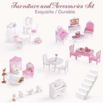 ROBUD Wooden Dollhouse, Doll House Playset with 24-pcs Exquisite Accessories, Working Elevator, Gift for Ages 3+