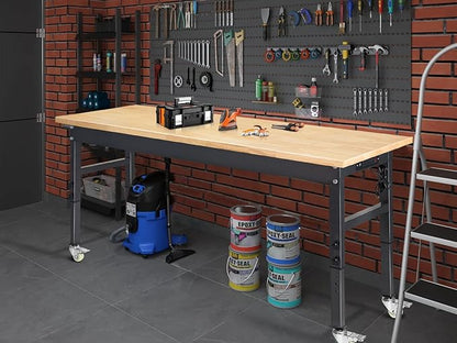 60" Adjustable Work Bench, Rubber Wood Top Workbench Heavy-Duty Work Table with Power Outlet with Wheels, 2000 LBS Load Capacity Hardwood Work Benches for Garage, Workshop, Home, Office, Easy Assembly