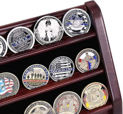 3 Rows Wooden Challenge Coin Wall Display Stand - Military Coin Holder Army Coins Rack, Holds 21-24 Coins, Mahogany