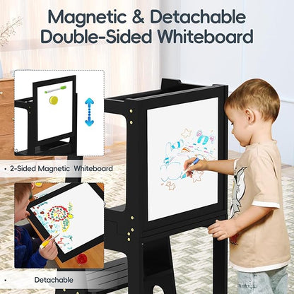 4 in 1 Kitchen Step Stool Helper for Toddlers, Toddler Learning Standing Tower with Whiteboard 2 in 1 Convertible Table and Chair, Widened Platforms for Little Ones Kitchen Counter Bathroom Sink