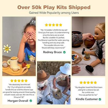 Wooden Tea Party Set for Little Girls 14pcs Toddler Tea Set with Silicone Teapot Cups Carrying Tray Scoop Kids Kitchen Accessories Pretend Play Wooden Toys for 3 4 5 6 Year Old Girl Birthday Gift