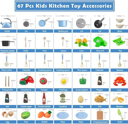 Bruvoalon 67Pcs Kids Play Kitchen Toys Set, Toddlers Pretend Cooking Playset Acccessories with Pots Pans, Utensils Cookware, Foods, Canned Veges, Learning Gift for Kids Girls Boys (White)