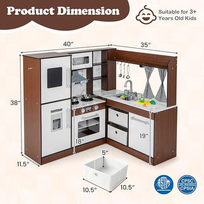 HONEY JOY Corner Kids Kitchen Playset, Wooden Play Kitchen for Toddlers, Range Hood & Stove with Lights and Sounds, Water Circulation, Little Chef Pretend Toy Kitchen Set for Boys Girls, Brown