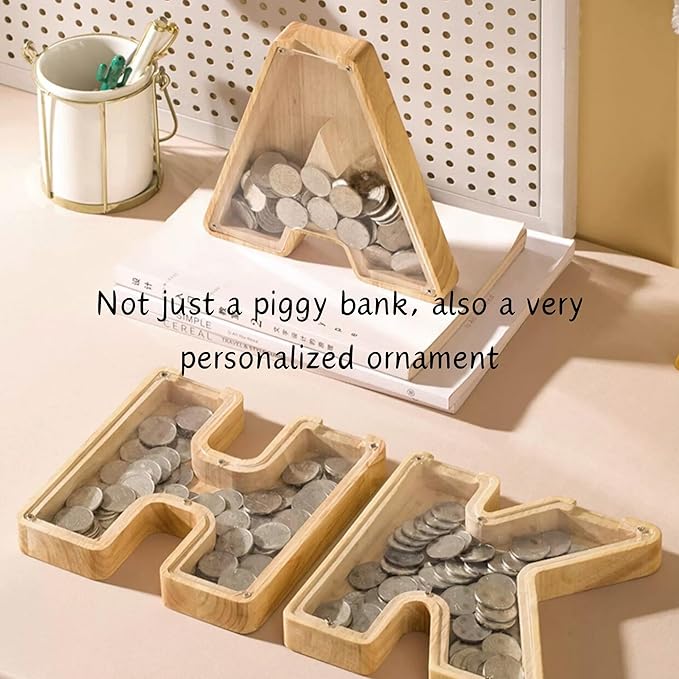 Wooden Alphabet Piggy Bank Clear Acrylic Panel Coin Savings Box Personalized Money Bank for Kids Boys Girls Adults, Birthday Home Décor(F)