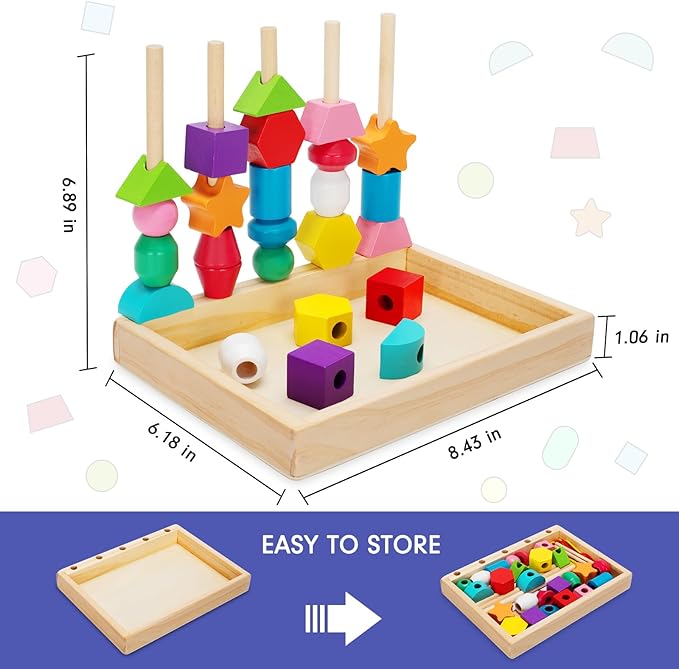 Montessori Wooden Lacing Beads Toys for 2 3 4 Year Old Toddler Kids, Sequencing & Stacking Block Toy with Storage Box, STEM Preschool Learning Toys, Christmas Birthday Gifts for Boys Girls