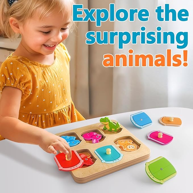 Wooden Animal Peg Puzzle : Baby Puzzles 12-18 Months, Montessori Baby Toys for 1 Year Old, Preschool Learning Activities for Toddlers 1-3, Christmas Birthday Gifts for Boys, Girls