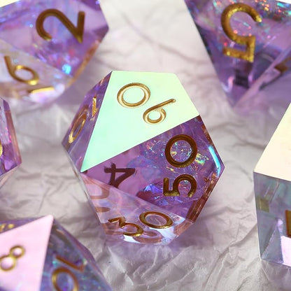 Iridescent Plating Lilac Sharp D&D Dice, DNDND Handmade DND Resin Sharp Edge D&D Die with Gift Case for Dungeons and Dragon Tabletop Games (Iridescent Plating Lilac)