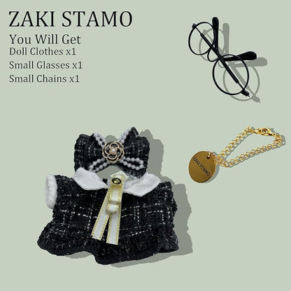 Clothes for Labubu,5 Sets Clothes Compatible with Labubu,Black Dress Outfit + Fake Glasses + Chain,Suitable for 17cm 14cm / 6.7in 5.5in Dolls Accessories