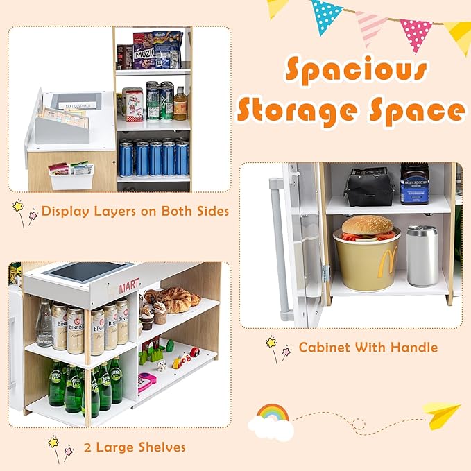 HONEY JOY Kids Grocery Store Playset, Wooden Grocery Store Pretend Play w/Cart, Cash Register Stand w/Coins, Chalkboard, Toddler Supermarket Play Toy for Boys Girls(Play Food Not Included)