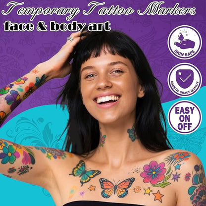Ponhey Temporary Tattoo Markers for Skin, 24 Body Markers+67 Large Tattoo Stencils,Dual-End Tattoo Pens,Fine Lines with Cosmetic-Grade,Flexible, Skin-Safe Face Paint Kit for Kids Teenage Adults