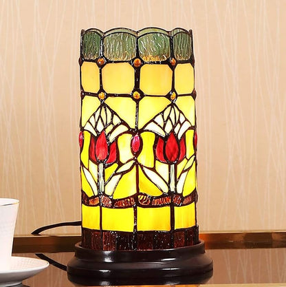 Bieye L10648 Tulip Flower Tiffany Style Stained Glass Mini Table Lamp Night Light with 5-inch Wide Lampshade for Bedside Bedroom Living Room Home Decoration, 10 inches Tall