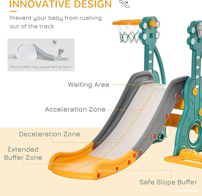 Qaba 4 in 1 Toddler Swing and Slide Set, Kids Slide for Aged 1.5-3 with Climber, Ultra-Safety, Basketball Hoop, Baby Playground Set, Fun Indoor/Outdoor Playset Exercise Toy