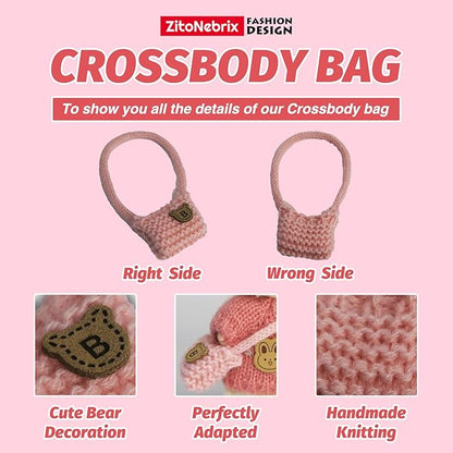 Cloth for 15cm ＆ 17cm Doll,5-Piece Handcrafted Crochet Outfit(NO Doll) - Pink Clothes + Bear- Velvet hat + Glasses + Shoulder Bag + White Shoes (Light Pink Clothes)