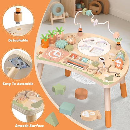 Activity Table for 1+ Year Old, 9-in-1 Montessori Wooden Activity Center with Shape Sorter Fishing Game Bead Maze, Baby Play Table Sensory Educational Toys for Toddler (Natural)