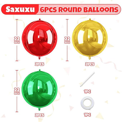 Christmas Foil Balloons Red Green Gold, 6 Pcs Red and Green Round Balloons, 22 Inch Big Round Foil Balloon for Christmas Party Decorations