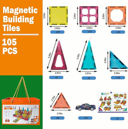Magnetic Tiles Parking Building Playset with 10 Pull-Back Metal Cars for Kids Construction STEM Toy Preschool Creativity Learning Birthday Gift for Girls Boys Toddlers 3 4 5 6 7 8