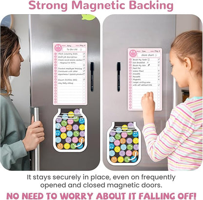 JJPRO Magnetic Daily Checklist for Kids with Smiley Faces Reward Jar- 10" x5.5“ Home Chore Chart for Fridge,Daily to Do List Board for Toddlers,Magnetic Reward Jar Positive Behavior Training -Pink