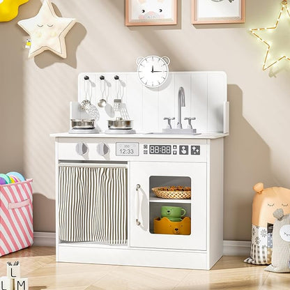 MAMIZO Kids Kitchen Playset with Ample Storage, Interactive Play Kitchen with Simulated Gas Cooker, Clicking Knobs, Sink, Faucet, 6 Pcs Cookware, Educational Clock for Toddlers (White)