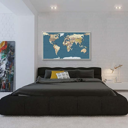 WELMECO Large Office Wall Decoration Detailed World Map Canvas Prints with Premium White frame Push Pins Travel Map of The World Picture Artwork for Modern Home Office Living Room Decor