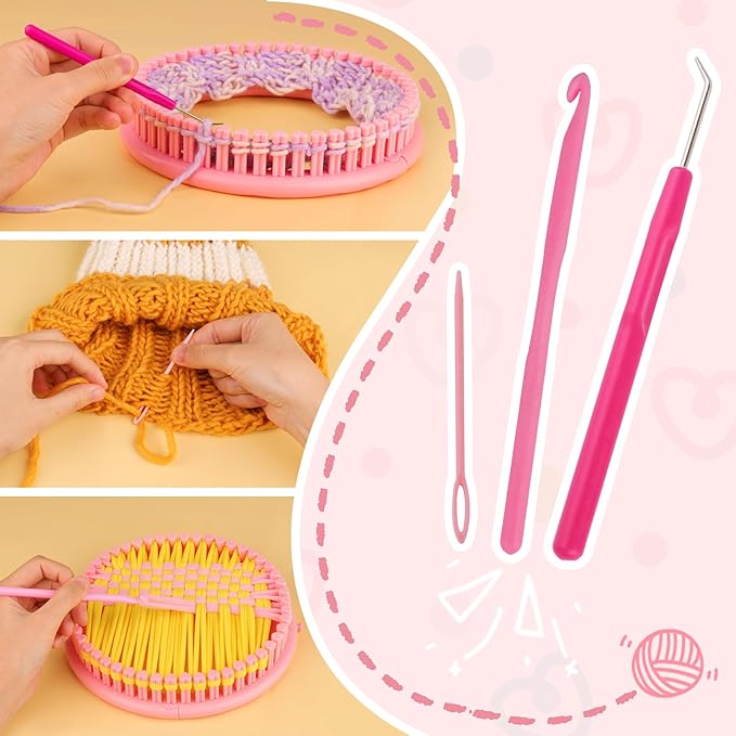 AHCo. Knitting Loom Kit for Beginners, Creative Craft Toy for Girls Ages 7 8 9 10 11 12 with Storage Bags Yarns Knitting Tools, Fantastic DIY Gifts Knit Hat Scarf Coaster (Pink)