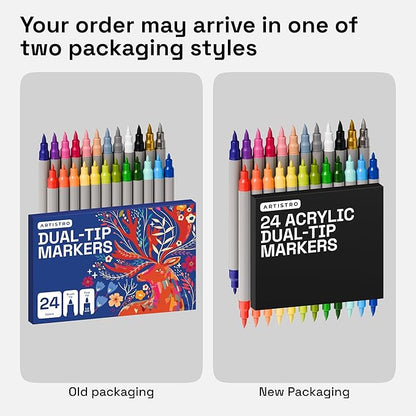 ARTISTRO 24 Dual Tip Brush + Fine Acrylic Paint Pens Ideal for Calligraphy - Paint Markers for Fabric, Rock, Glass, DIY - Stocking Stuffers, Christmas Gift Idea for Teens, Grandkids, Kids